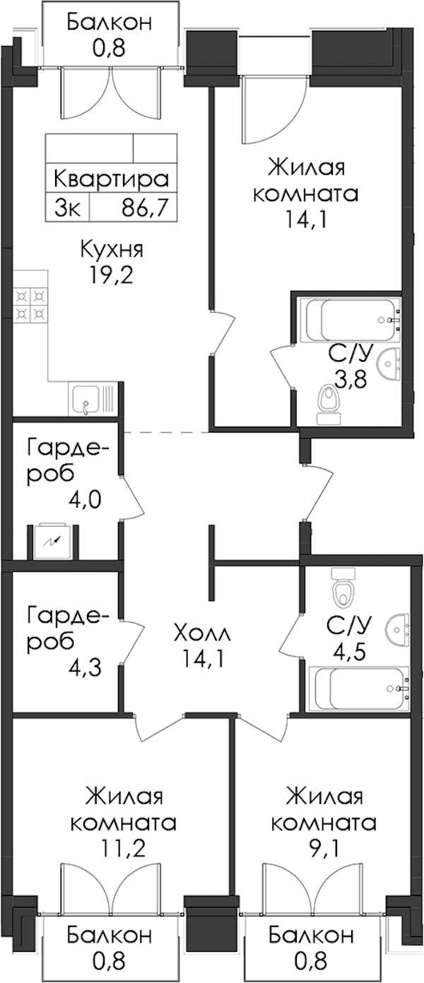 3-комнатная квартира 86.7 м², 4/7 эт., ЖК «Лермонтовский 54»